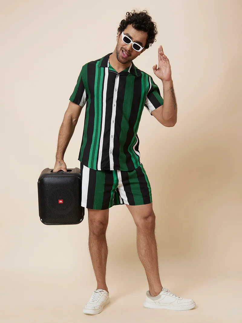 globus Globus Men Green Casual Resort Co-Ords Set with Striped Shirt and Shorts